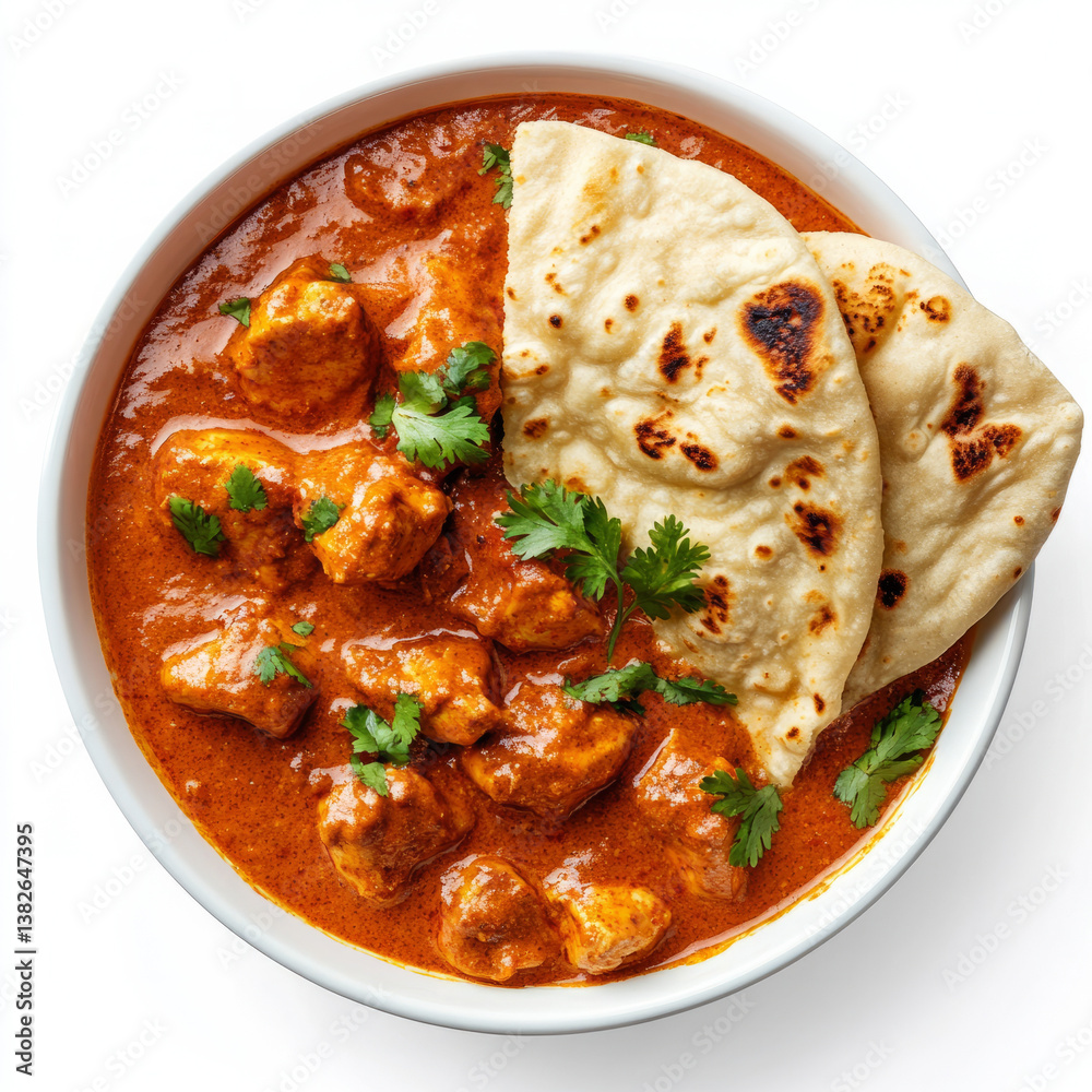 A bowl of butter chicken, with creamy tomato-based sauce, tender chicken pieces, and a side of naan bread, isolated on clean white background. A bowl of butter chicken, with creamy tomato-based sauce, tender chicken pieces, and a side of naan bread, isolated on clean white background.