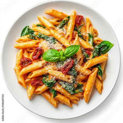 A plate of creamy tomato and spinach pasta, with al dente penne pasta, sautÃ©ed spinach, sun-dried tomatoes, and a rich tomato-basil sauce, sprinkled with parmesan cheese and fresh basil leaves,