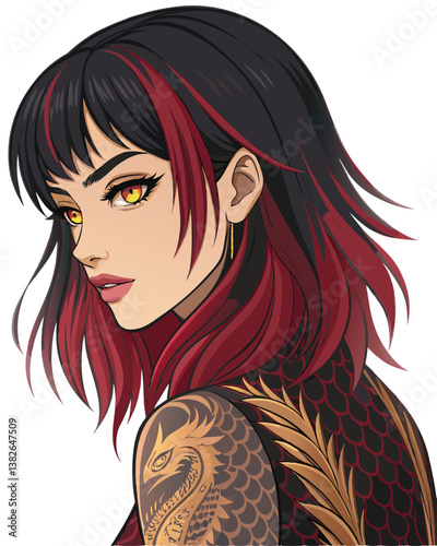 Create a vector illustration of a half-body anime woman with bold, dynamic strokes.  Focus on strong lines and impactful design.