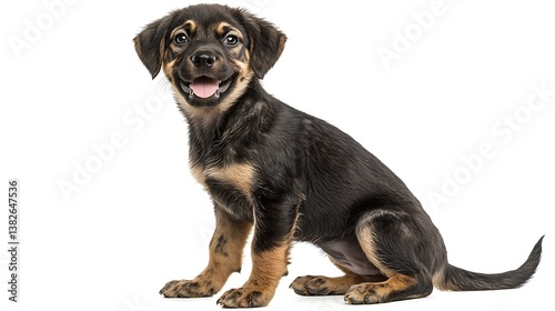 Smiling puppy with black and brown fur sitting and looking at camera