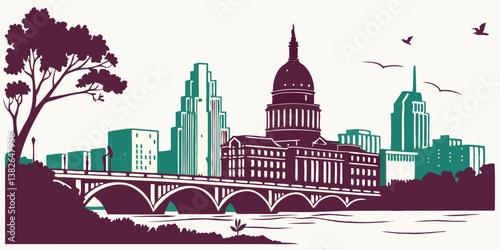 Austin vector silhouette skyline featuring the Texas State Capitol, Frost Bank Tower, and urban skyline.