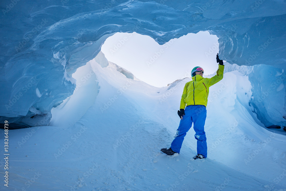 Skiing stand under a breathtaking blue ice arch in the mountains