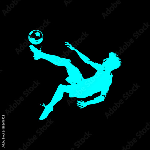 A solid black silhouette of a soccer player executing a bicycle kick mid-air with the ball
