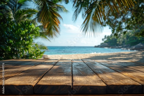 Rustic wooden table top offers a perfect spot for relaxation amidst a serene tropical beach atmosphere