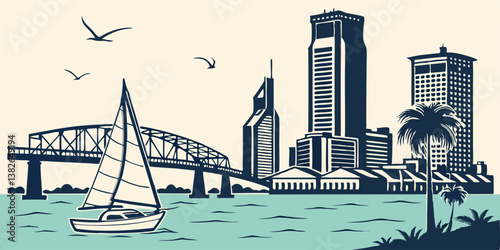 Jacksonville vector silhouette skyline capturing the city’s waterfront skyline, iconic bridges, and urban landmarks.