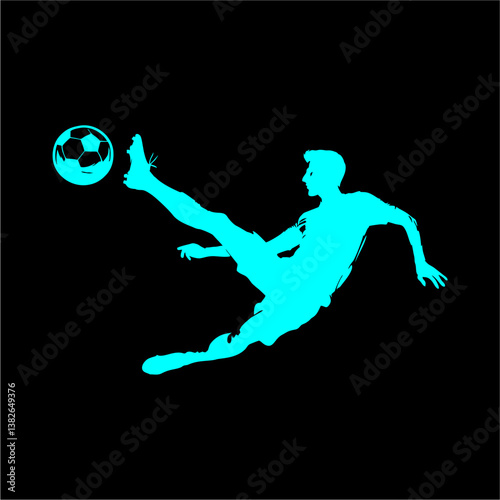 A solid black silhouette of a soccer player executing a bicycle kick mid-air with the ball