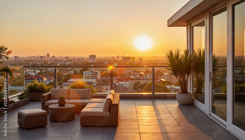 Fototapeta premium Scenic sunset view from modern rooftop with lounge seating, urban relaxation