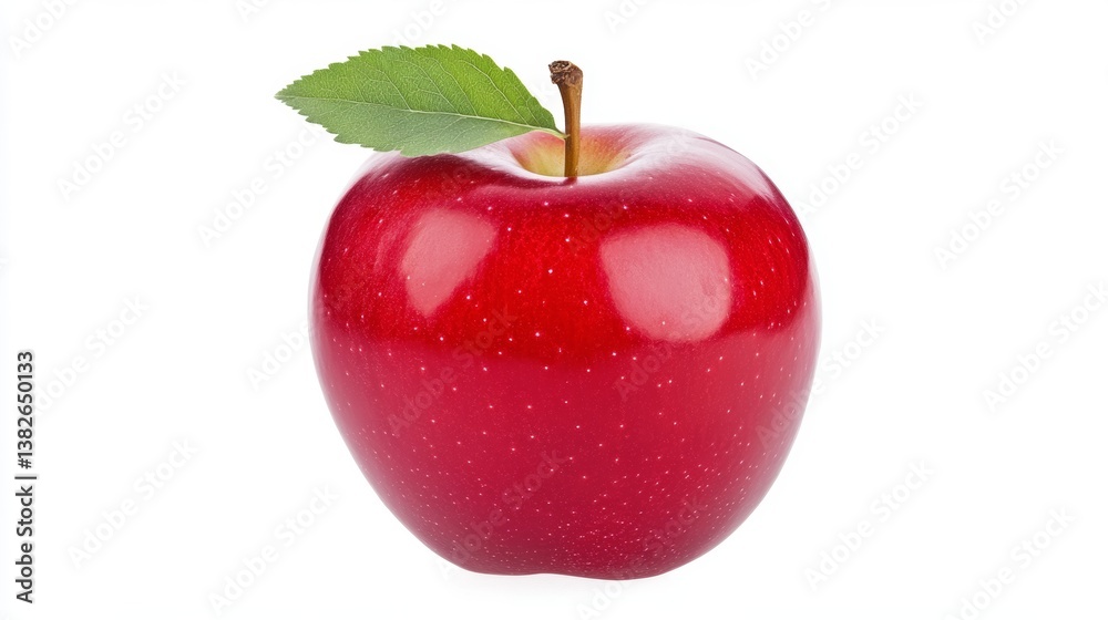 Bright red apple with green leaf resting on a white background showcasing its shiny texture and inviting appearance, isolated on white background Bright red apple with green leaf resting on a white background showcasing its shiny texture and inviting appearance, isolated on white background