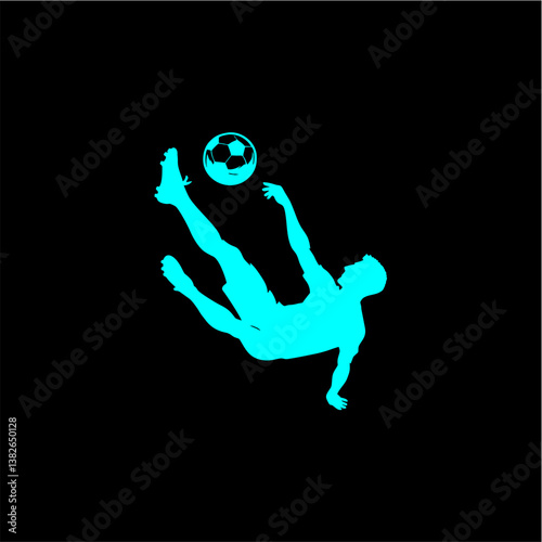 A solid black silhouette of a soccer player executing a bicycle kick mid-air with the ball
