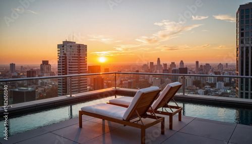 Wallpaper Mural Serene sunset view from rooftop lounge chairs overlooking skyline, relaxation Torontodigital.ca