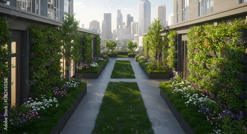 Futuristic city embraces sustainability with rooftop gardens and vertical greenery. This urban landscape merges modern architecture with nature, fostering greener, healthier environment
