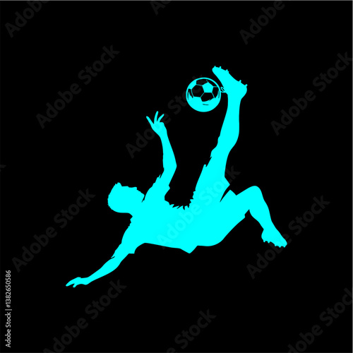 A solid black silhouette of a soccer player executing a bicycle kick mid-air with the ball