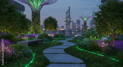 Green rooftops and vertical gardens redefine urban architecture, bringing nature into city. Balance of sustainability, innovation, and modern design enhances landscape. Evening path with backlight