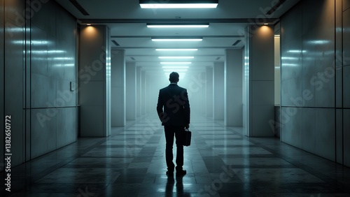 Wallpaper Mural Businessman Walking Alone in Foggy Corporate Hallway at Night Torontodigital.ca
