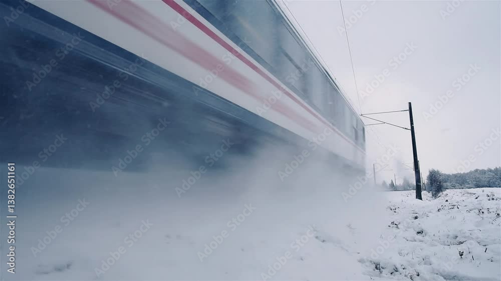 Low angle view with a train traveling in winter and blowing snow. Close shot with a german passenger train running on railroads through snowy fields
Low angle view with a train traveling in winter and blowing snow. Close shot with a german passenger train running on railroads through snowy fields