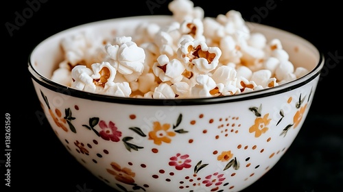 A bowl filled with fresh and fluffy popcorn is featured