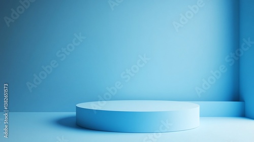 Minimalist blue cylindrical platform in a light blue room.