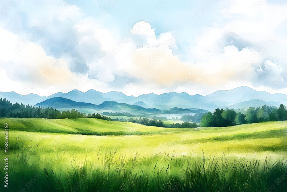 Obraz premium A watercolor painting of a green field with majestic mountains in the background. Perfect for nature lovers and landscape enthusiasts