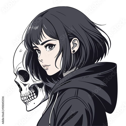 Create a vector illustration of a half-body anime woman (age 29), featuring bold, dynamic strokes and vibrant colors.  Emphasis on strong line art.