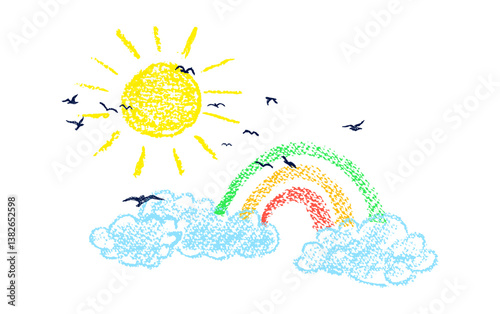 Crayon clouds with rainbow. Sky with sun and silhouette of a flock of birds. Colorful wax pencil kids drawing landscape. Vector naive and funny design element. Funky doodle clouds for childish collage