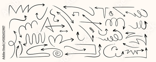 Simple Arrows with Thin Curvy Lines. Geometrical scribbles isolated on white background. Set of doodle arrow icons. Collection of sketchy hand free curved lines and pointers