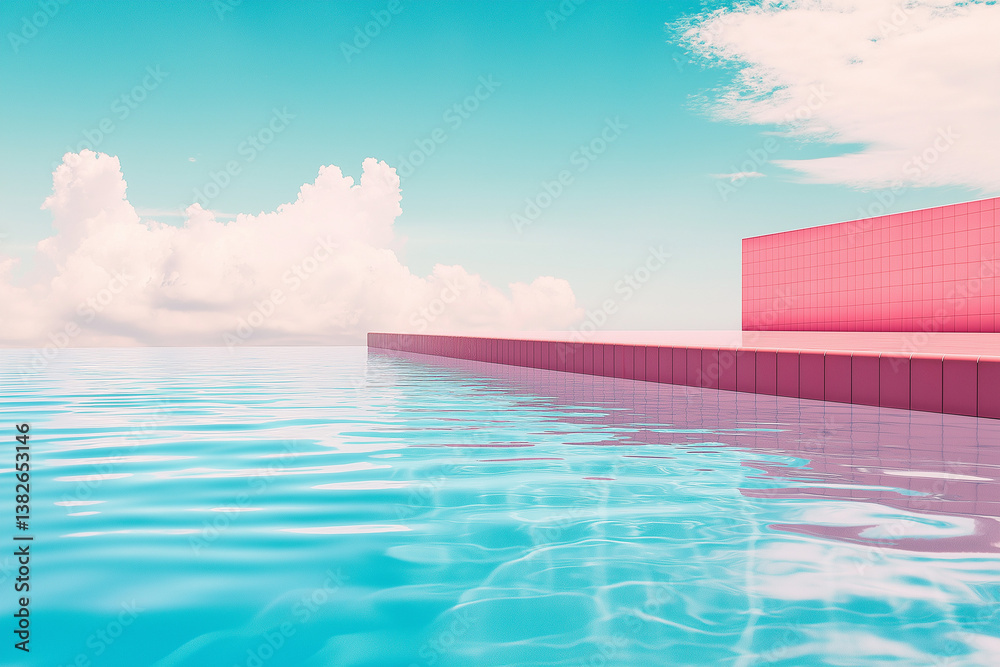 Fototapeta premium Minimalist wallpaper Blue pink vaporwave swimming pool relax water. Vacation dreams time concept
