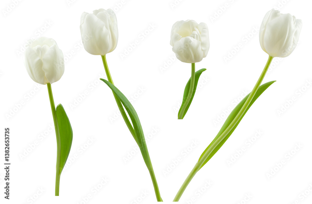 white lily-like tulips with a stem, isolated