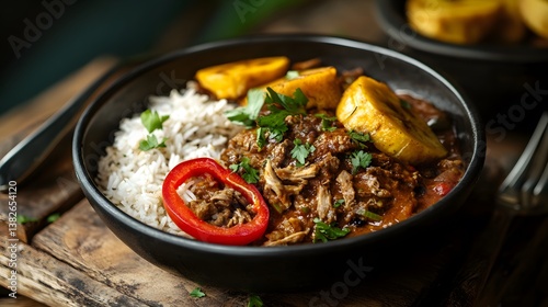 Latin American shredded beef with rice and fried plantains served in a black bowl with red pepper.
