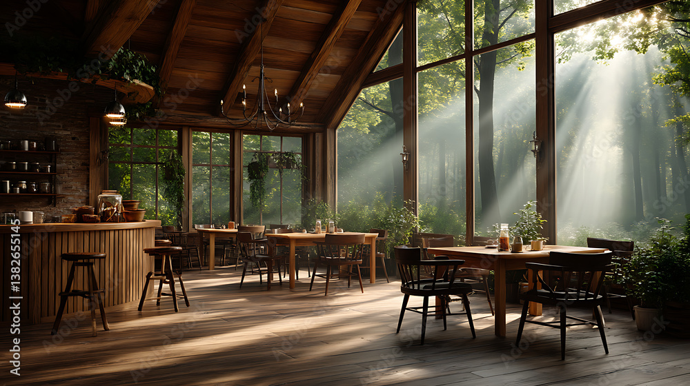 Fototapeta premium Cozy gathering space enchanted forest interior design natural light serene atmosphere