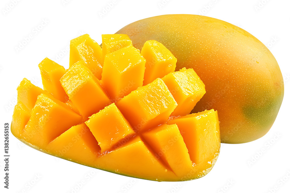 close up of a fresh and juicy mango half cut into cubes with another whole mango on a trasparent background close up of a fresh and juicy mango half cut into cubes with another whole mango on a trasparent background