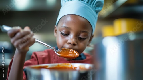 Fototapeta Naklejka Na Ścianę i Meble -  Enthusiastic young cook savoring the flavors of homemade tomato sauce with genuine delight