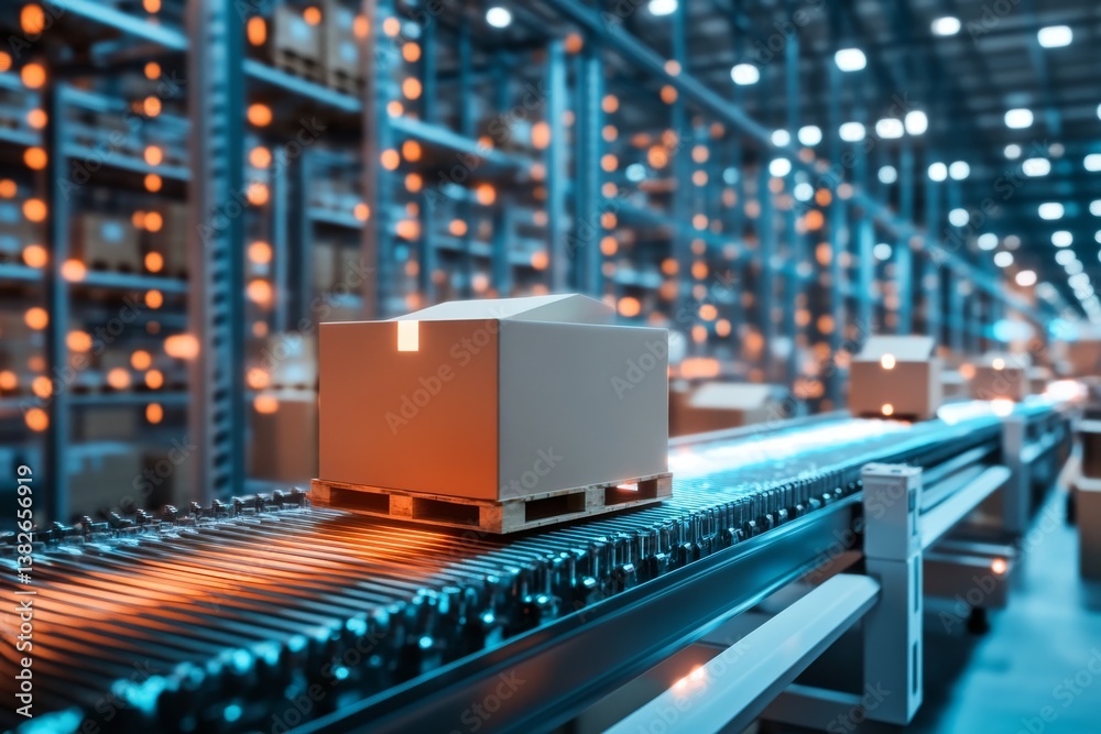 Automated warehouse packaging system background with glowing smart boxes Automated warehouse packaging system background with glowing smart boxes
