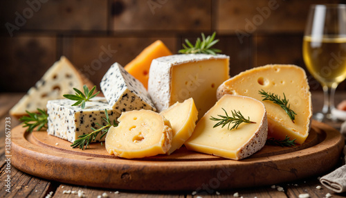Aged cheese platter on rustic wood board, gourmet presentation