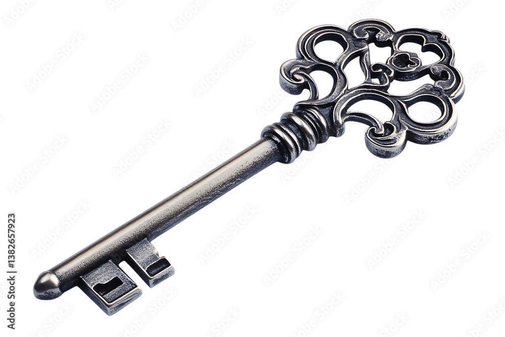 Ornate antique silver key on a trasparent background representing vintage access and mystery concept with elegant design elements Ornate antique silver key on a trasparent background representing vintage access and mystery concept with elegant design elements