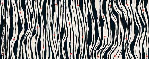 Background with Black Wobbly Lines and Red Dots. Modern abstract background with simple wavy lines. Decorative groovy fluid lines isolated on white background. Hand drawn geometric bulky lines. Hippie