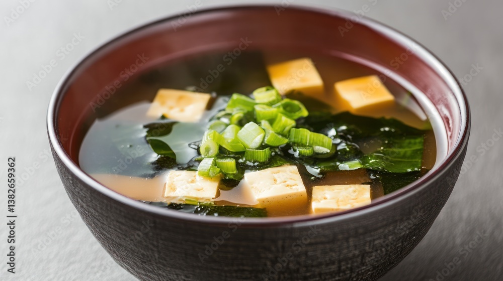 Aromatic Japanese Miso Soup with Tofu, Seaweed and Spring Onions in Bowl Aromatic Japanese Miso Soup with Tofu, Seaweed and Spring Onions in Bowl