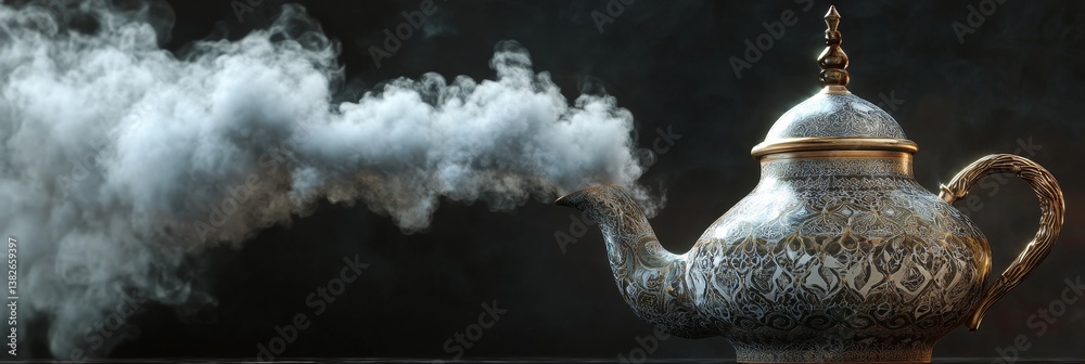 Naklejka premium Steaming teapot with ornate design against a dark background.