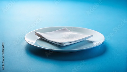 Empty Plate Napkin Blue Background - Minimalist Table Setting Stock Photo
