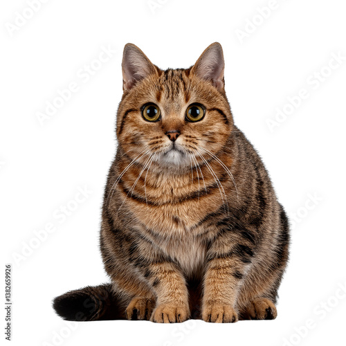 A charming tabby cat sitting gracefully, with expressive eyes and fluffy fur.