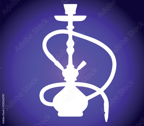 Glowing White Hookah Silhouette on Purple Background. A sleek and elegant white silhouette of a hookah pipe against a glowing purple background, representing relaxation and social smoking.