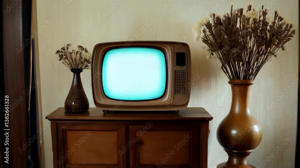 living room with carpet, old fashioned retro tv stand, vase with dried flowers. vintage interior design with television set, nostalgia, old fashioned home decor