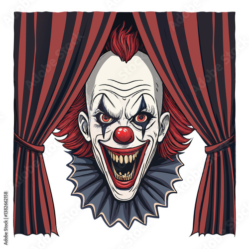 Create a vector illustration of a grotesque clown head using bold, exaggerated strokes.  Focus on a horrifying, unsettling design.