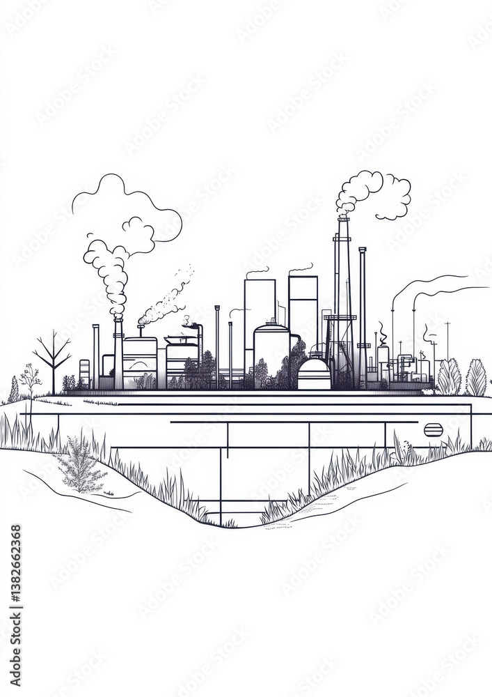 Fototapeta premium Industrial activity in urban landscape factory emissions illustration viewpoint pollution awareness concept