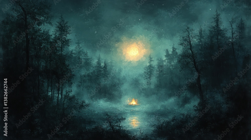 Obraz premium Misty forest night scene with campfire