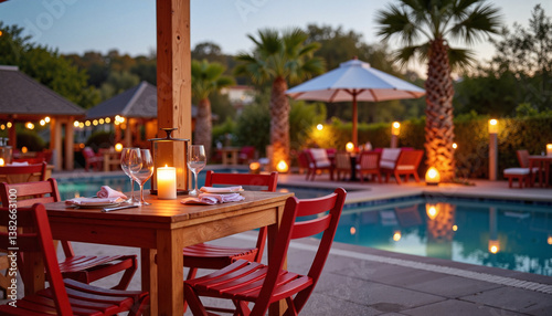Cozy alfresco dining area by poolside in evening light, relaxed atmosphere