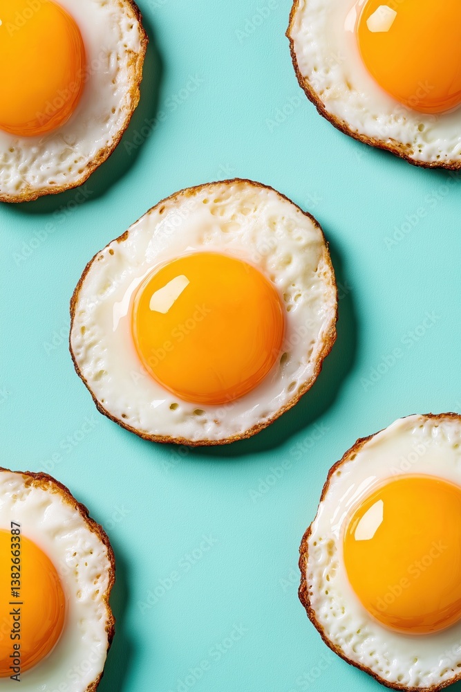 Bright fried eggs on vibrant turquoise background