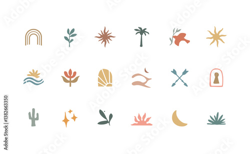 Boho icon set. Abstract celestial and natural design elements, perfect for web, cover stories, printing, tattoes and posts. Isolated vector symbols.