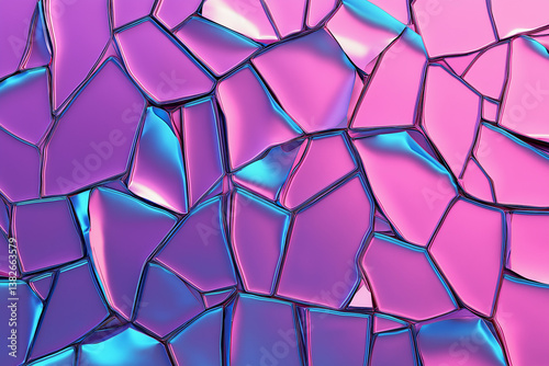 Seamless frosted glass holographic purple aesthetic crumpled foil or cellophane vaporwave background texture. Abstract shiny pink and blue neon shattered lowboy surreal debunk pattern. 3D rendering
