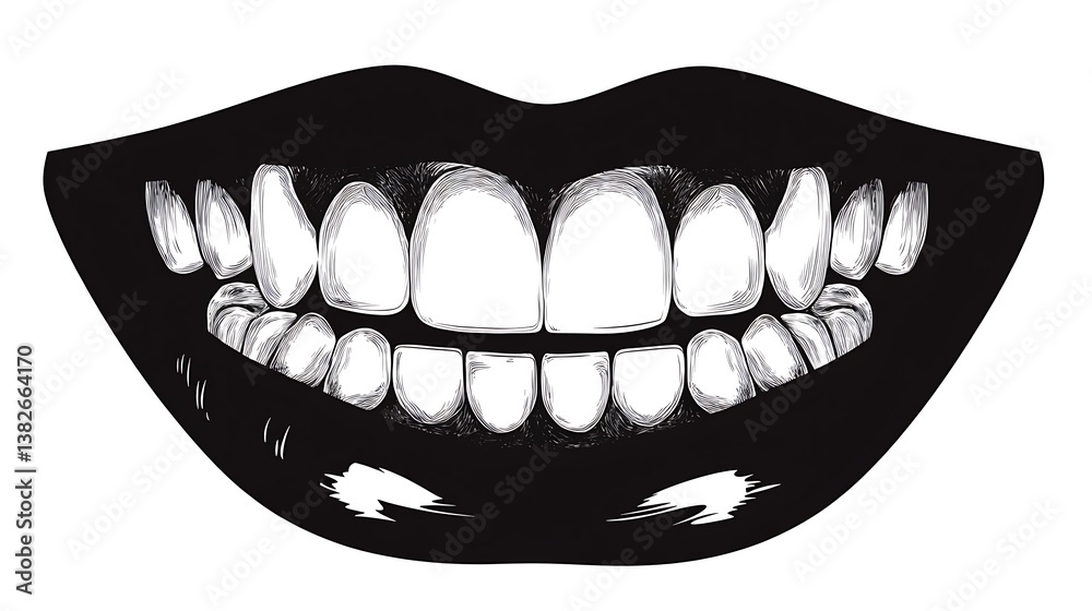 Illustration featuring an open mouth with prominent teeth and lips Illustration featuring an open mouth with prominent teeth and lips