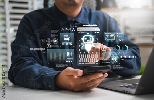 Artificial intelligence and mobile technology concept. Man using AI phone for creative editing. Live translation. Circular search. Chatbot assistant conversation. Artificial intelligence. photo